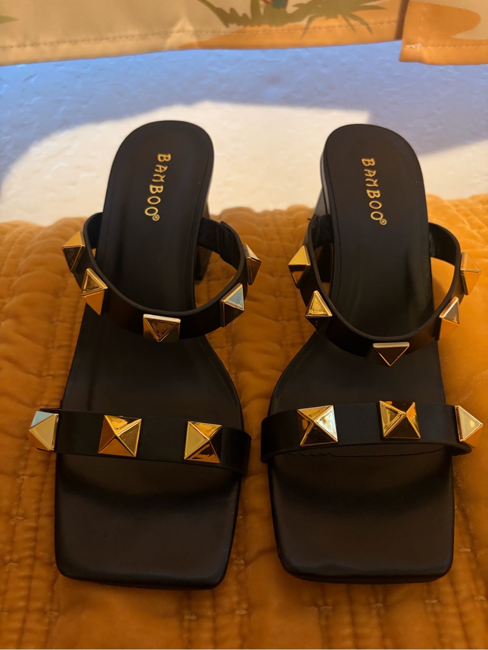 BAMBOO Black Slide Mules with Gold Pyramid Studs